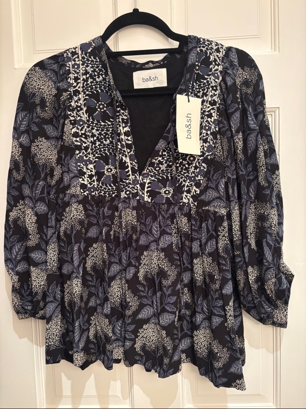 ba&sh Garry Peasant Blouse - Navy Floral V-Neck